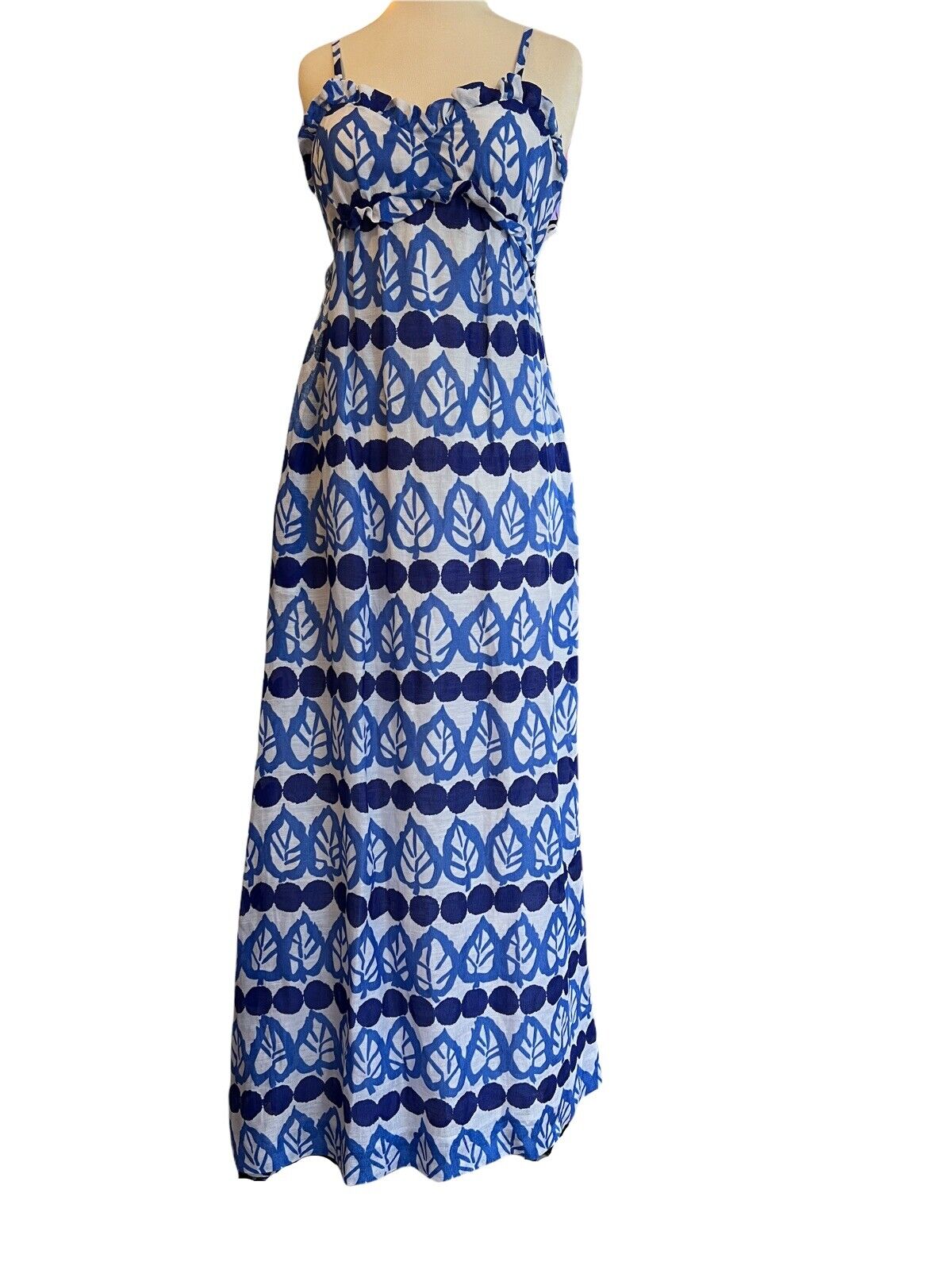 Xs Kate Spade Linen Silk Blend Maxi Dress Blue Leaf Print Floral Boho Spaghetti